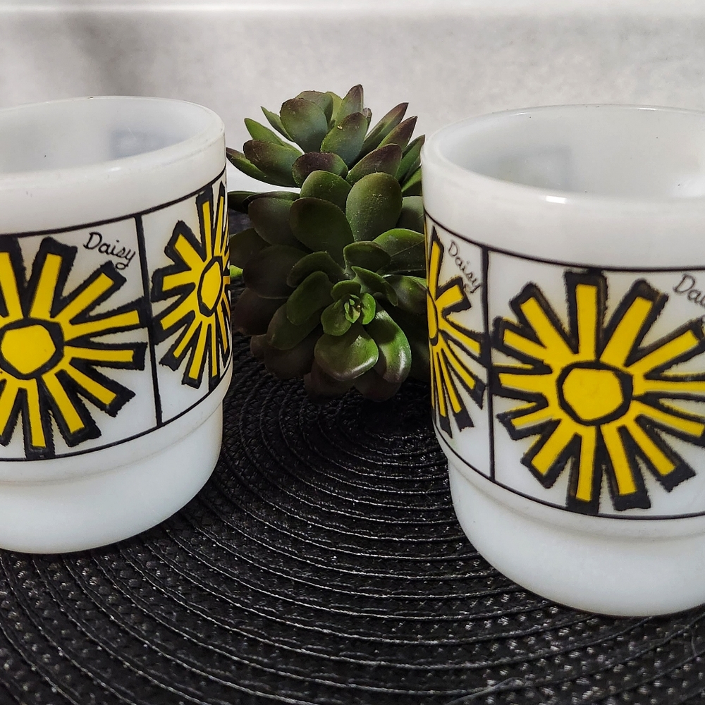 Fire King Set of 2 Yellow Daisy Coffee Cups